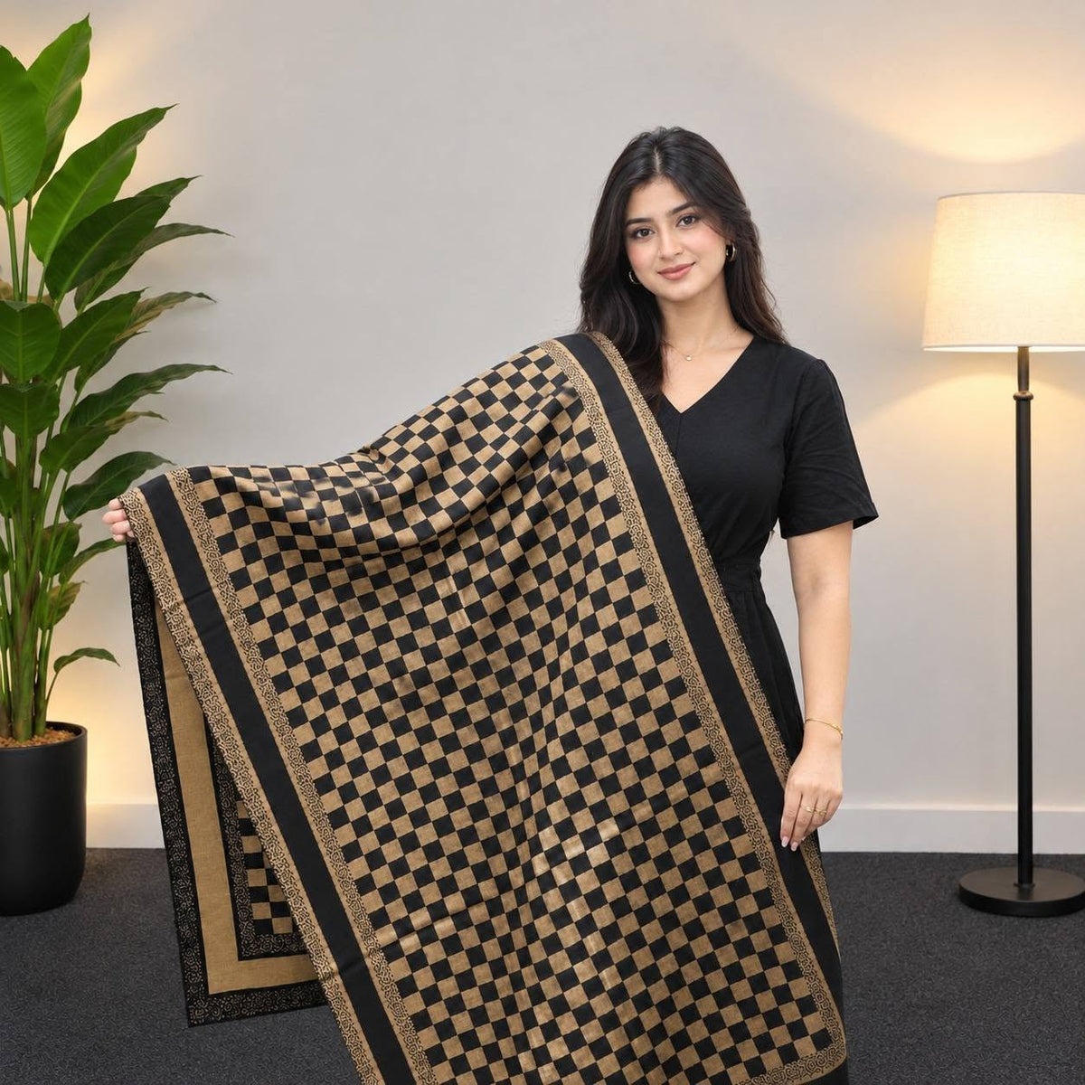 Camel & Black Checkerboard Cotton Shawl