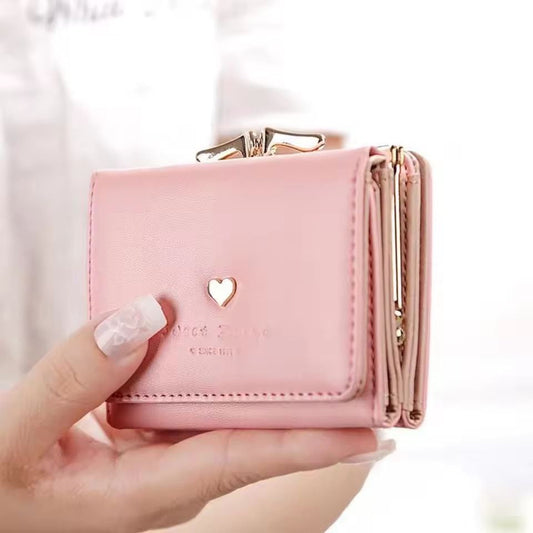 Short Fresh Cute Three-Fold Ladies Wallet with Heart Coin Purse