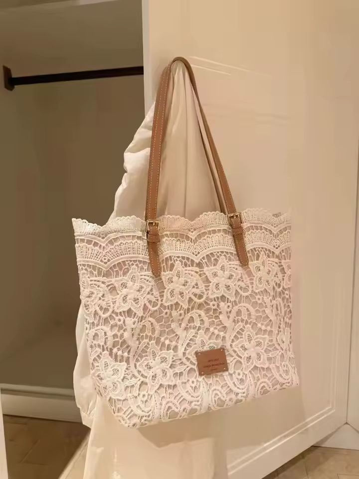 Luxury Summer Lace Beach Tote – Large Capacity French Style Handbag