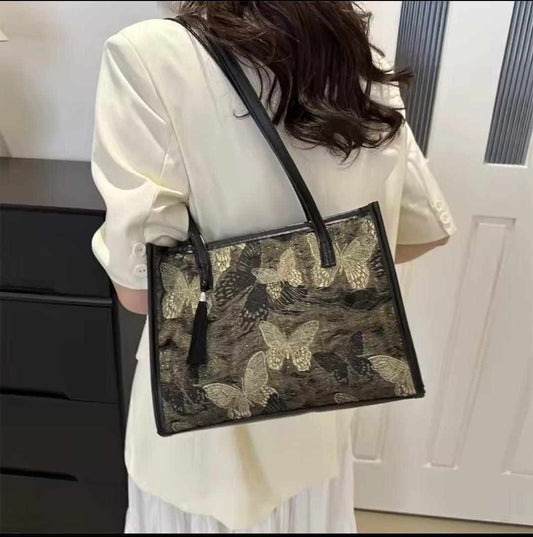 Korean Style Canvas Handbag – Oil Painting Graffiti Tote with Silk Scarf