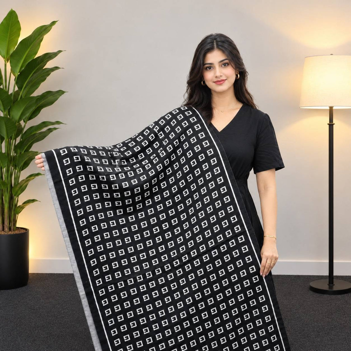 Ivory Noir Geometric Cotton Shawl