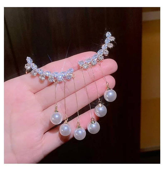 Cascading Pearl & Crystal Ear Climber Earrings