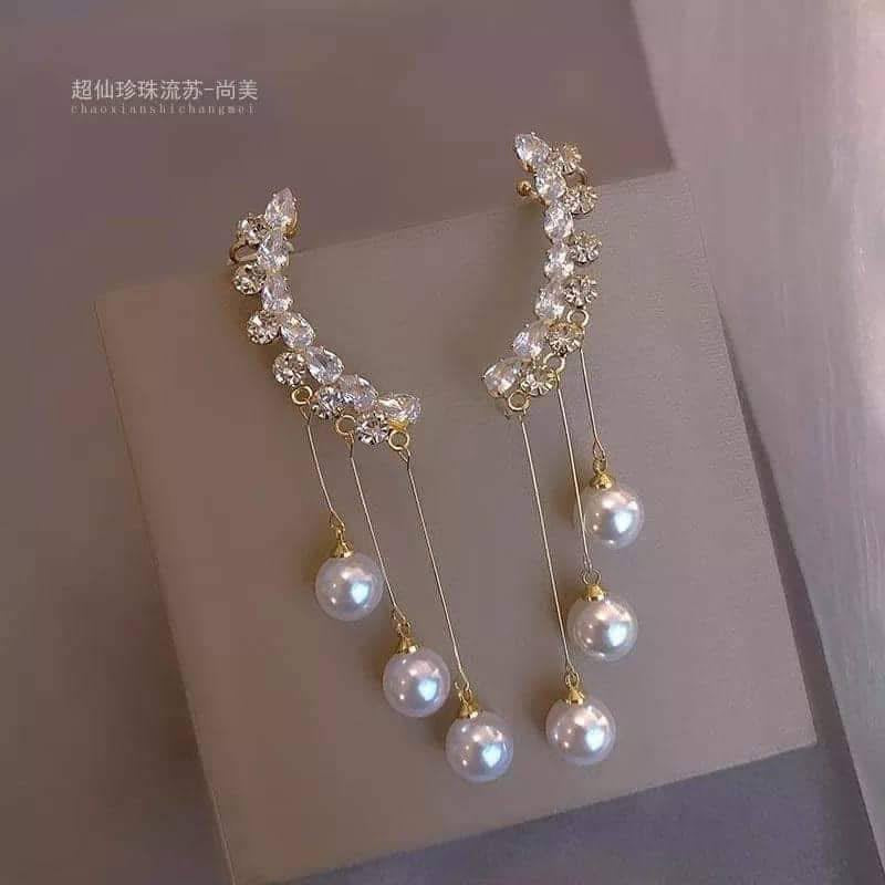 Cascading Pearl & Crystal Ear Climber Earrings
