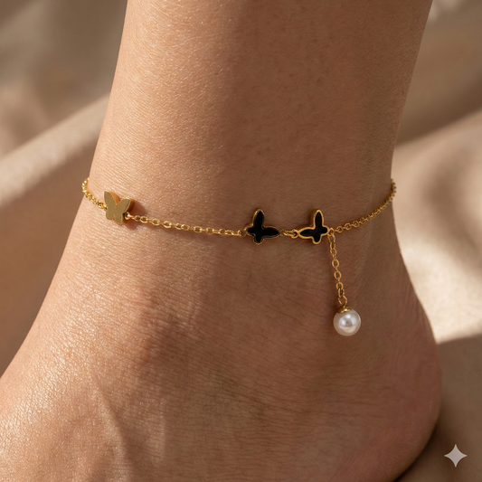 Luxury 22K Gold Plated Titanium Steel Butterfly Anklet with Pearl Charm