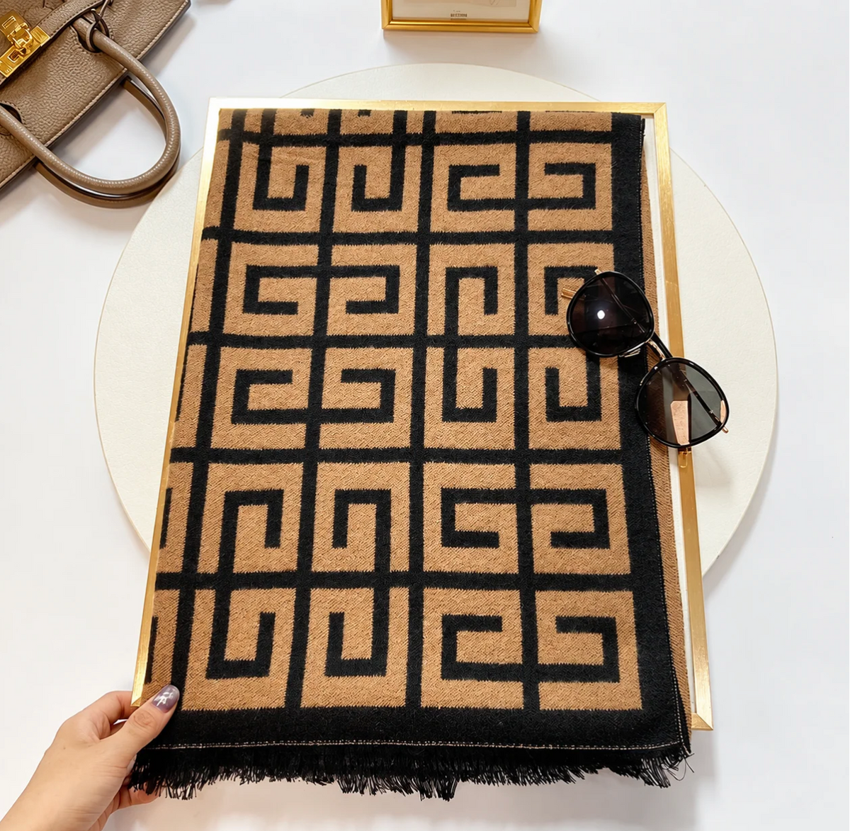 Golden Maze Geometric Cotton Shawl