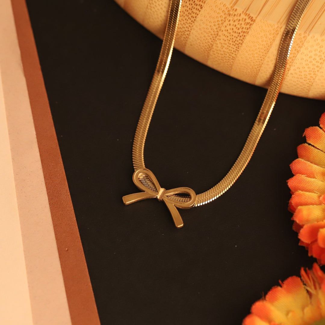 Premium 18K Gold Plated Bow Charm Snake Chain Necklace