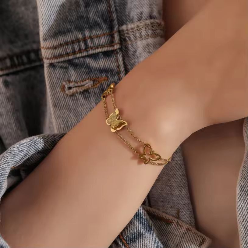 Premium Stainless Steel Frosted Butterfly Double Layer Bracelet - Gold Edition
