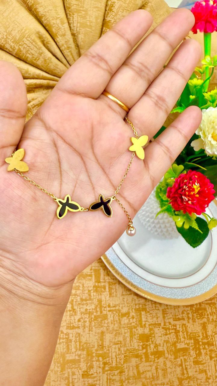 Luxury 22K Gold Plated Titanium Steel Butterfly Anklet with Pearl Charm