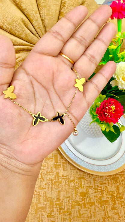 Luxury 22K Gold Plated Titanium Steel Butterfly Anklet with Pearl Charm