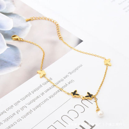 Luxury 22K Gold Plated Titanium Steel Butterfly Anklet with Pearl Charm