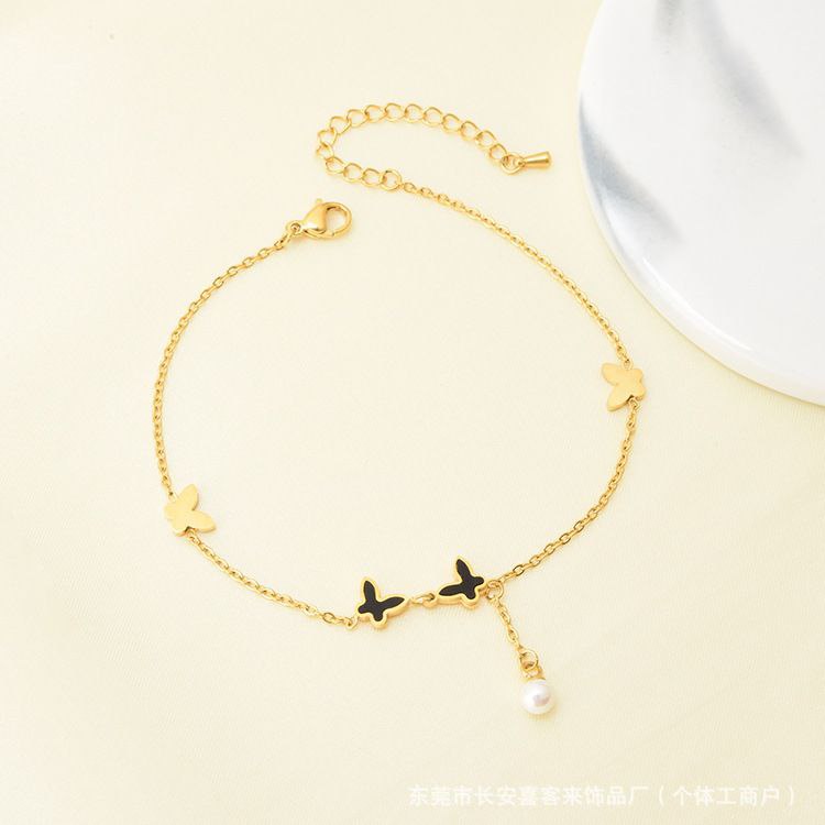 Luxury 22K Gold Plated Titanium Steel Butterfly Anklet with Pearl Charm