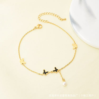 Luxury 22K Gold Plated Titanium Steel Butterfly Anklet with Pearl Charm