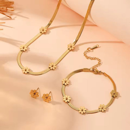 Premium Stainless Steel Daisy Flower Snake Chain Jewelry Set - Gold Edition