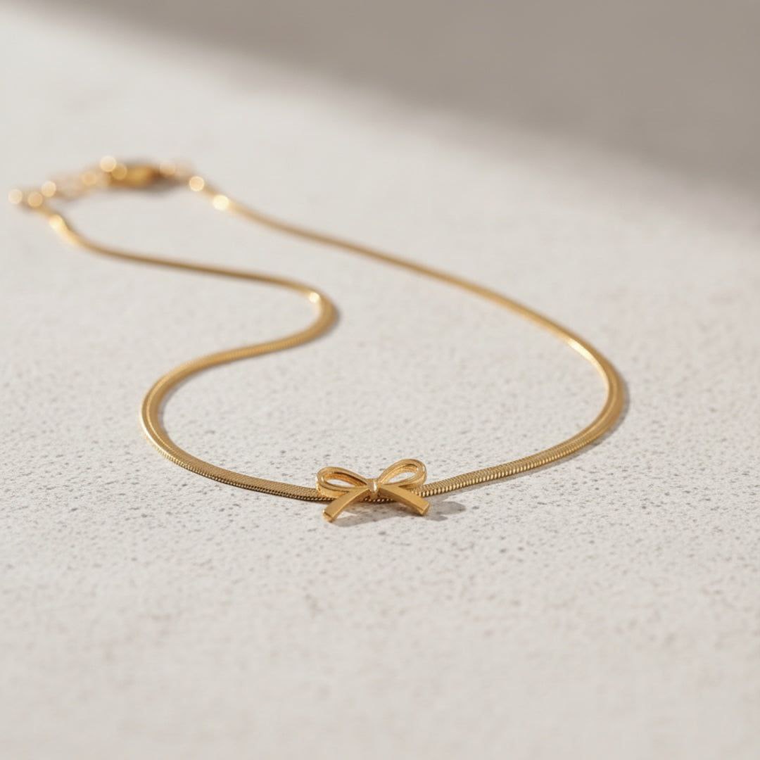 Premium 18K Gold Plated Bow Charm Snake Chain Necklace
