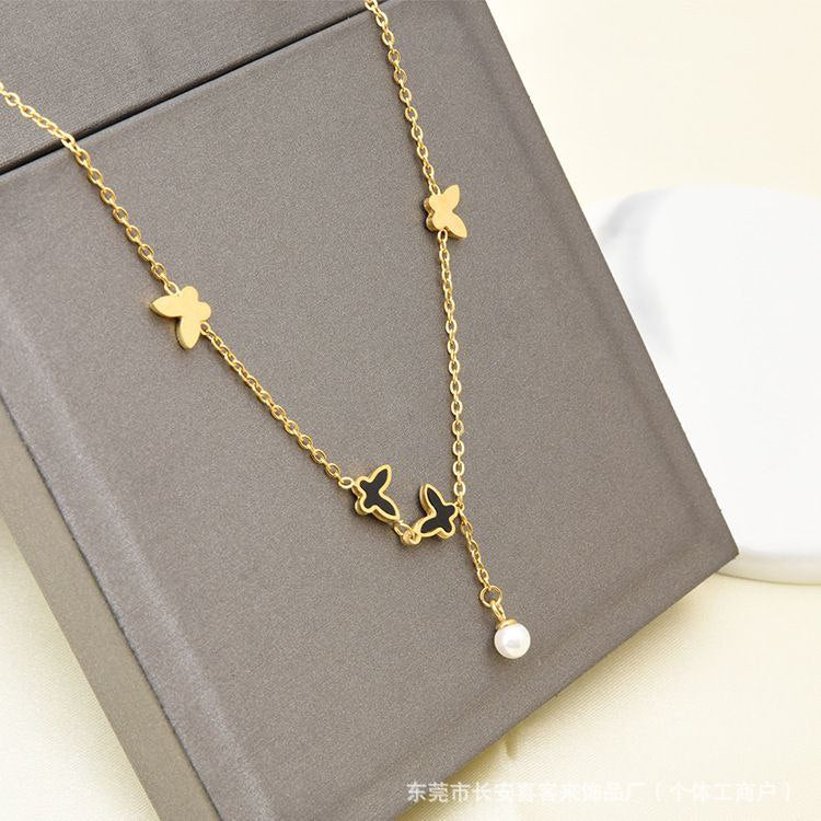 Luxury 22K Gold Plated Titanium Steel Butterfly Anklet with Pearl Charm